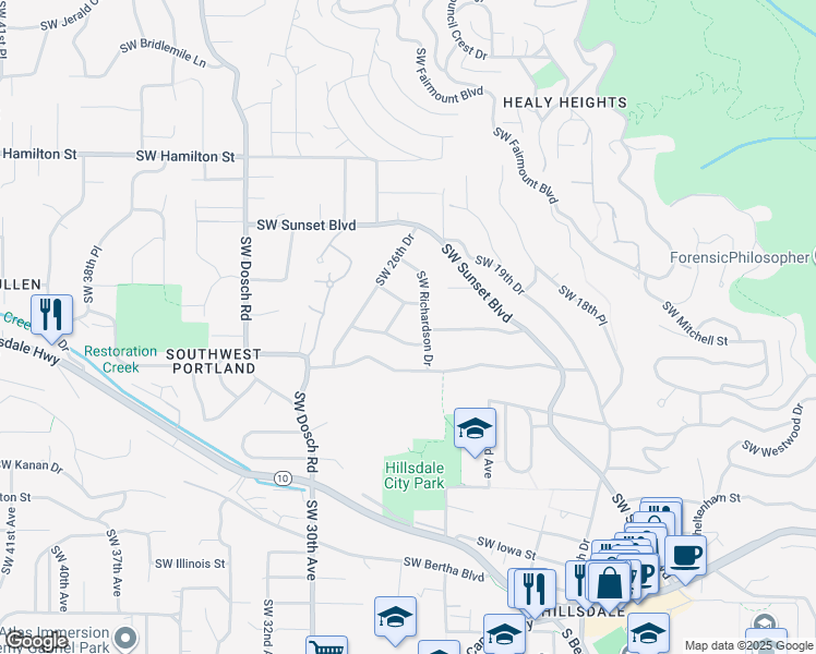 map of restaurants, bars, coffee shops, grocery stores, and more near 5100 Southwest 26th Place in Portland