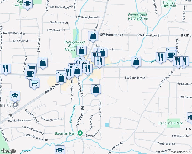 map of restaurants, bars, coffee shops, grocery stores, and more near 6630 Southwest Beaverton Hillsdale Highway in Portland