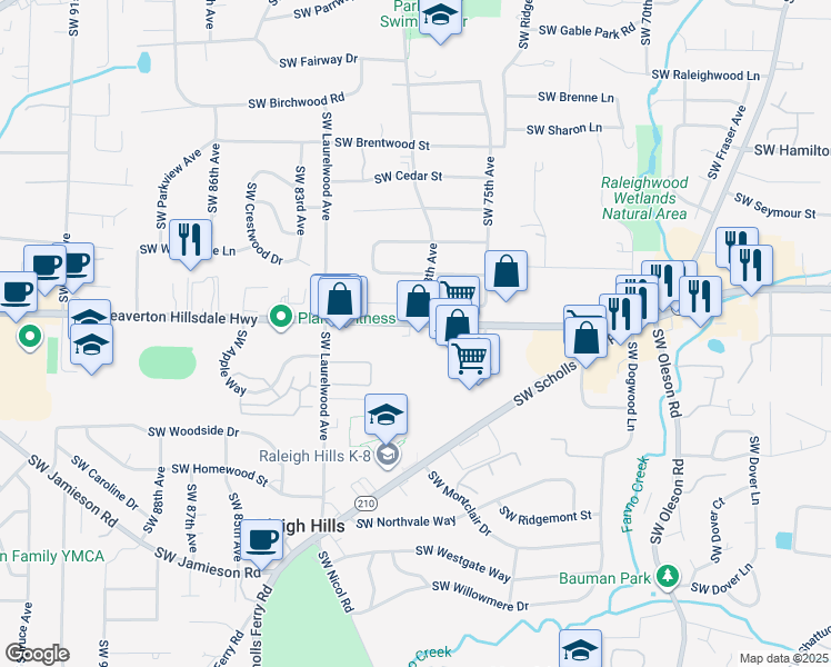 map of restaurants, bars, coffee shops, grocery stores, and more near in Raleigh Hills