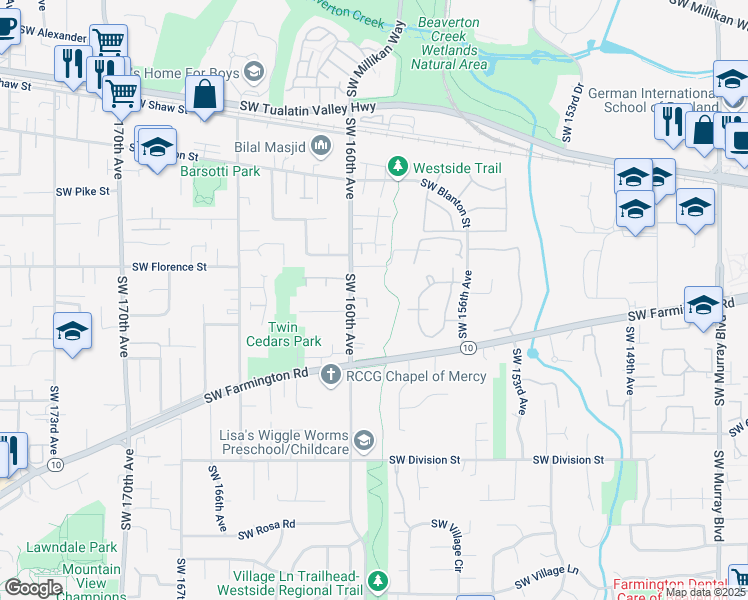 map of restaurants, bars, coffee shops, grocery stores, and more near 15900 Southwest Marlee Lane in Beaverton