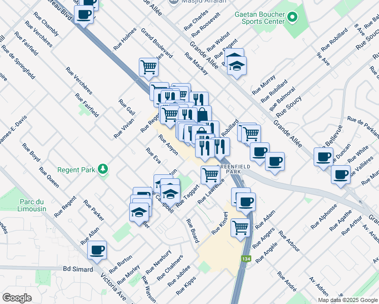 map of restaurants, bars, coffee shops, grocery stores, and more near 3850 Boulevard Taschereau in Longueuil
