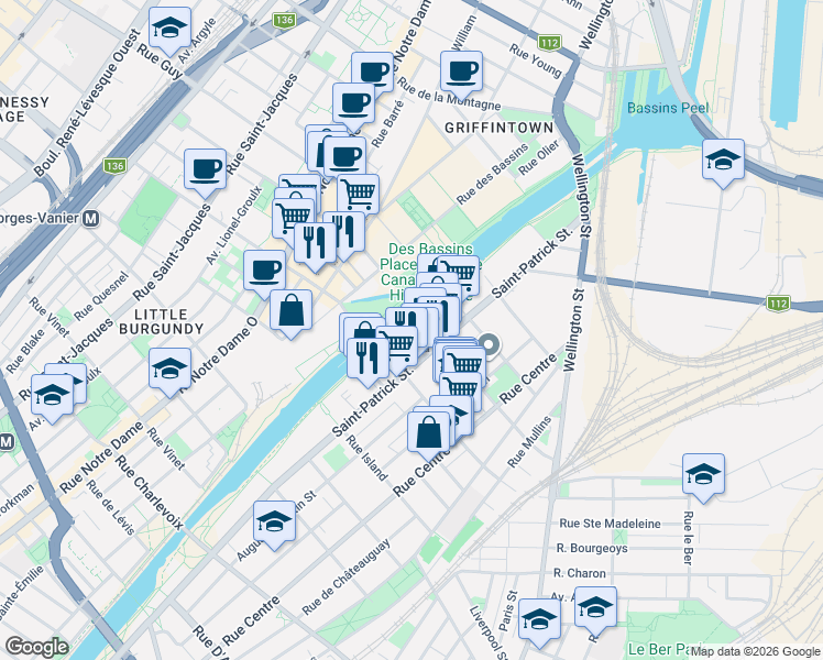 map of restaurants, bars, coffee shops, grocery stores, and more near 1719 Rue Saint-Patrick in Montréal