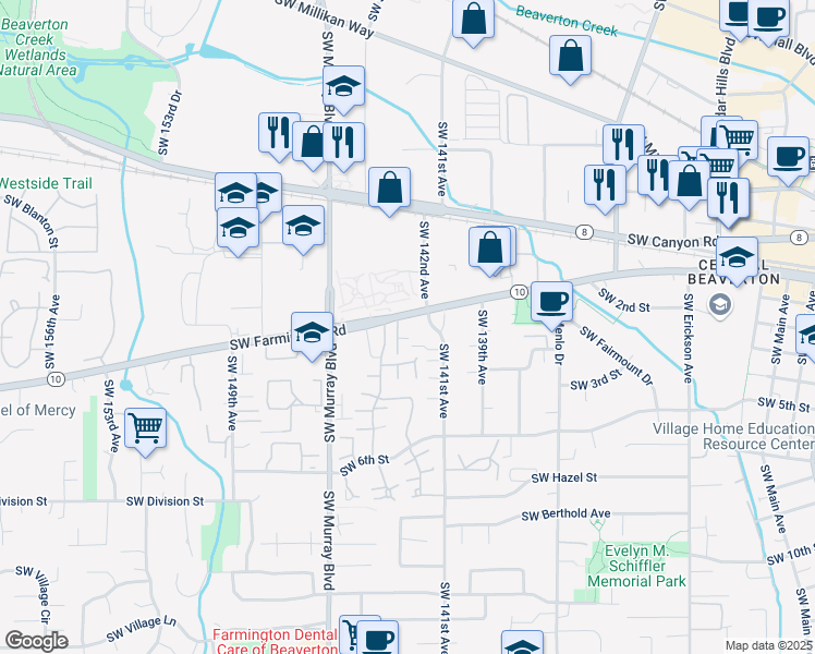 map of restaurants, bars, coffee shops, grocery stores, and more near 14250 Southwest Farmington Road in Beaverton