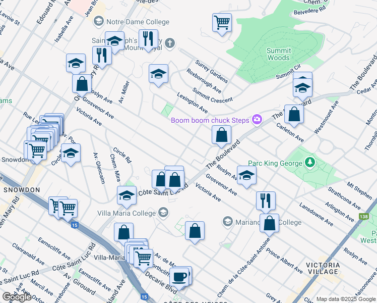 map of restaurants, bars, coffee shops, grocery stores, and more near 732 Avenue Upper Roslyn in Westmount