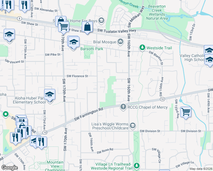 map of restaurants, bars, coffee shops, grocery stores, and more near 4702 Southwest 164th Terrace in Beaverton
