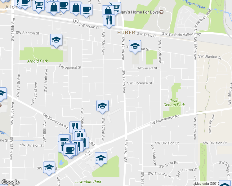 map of restaurants, bars, coffee shops, grocery stores, and more near 17132 Southwest Cambridge Drive in Aloha