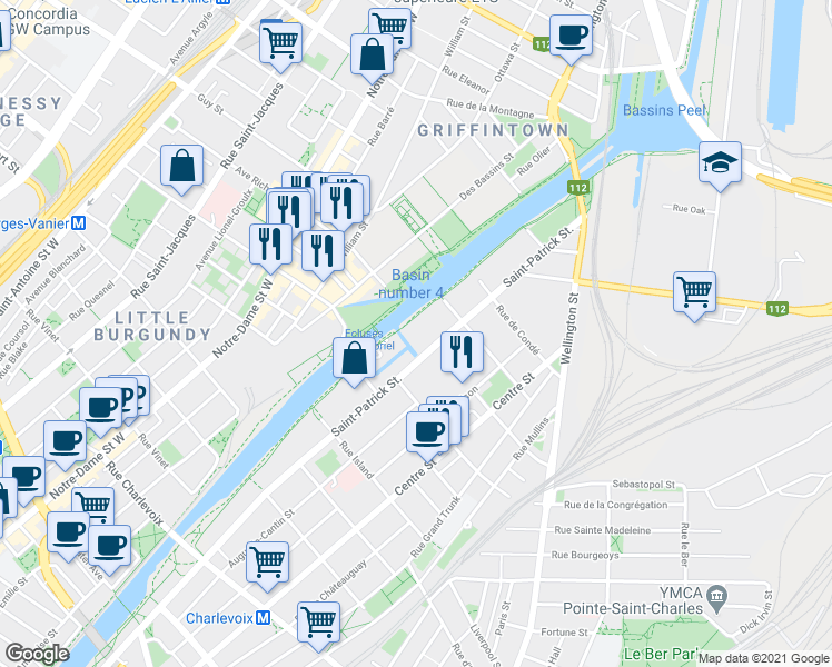 map of restaurants, bars, coffee shops, grocery stores, and more near 1711 Rue Saint-Patrick in Montréal