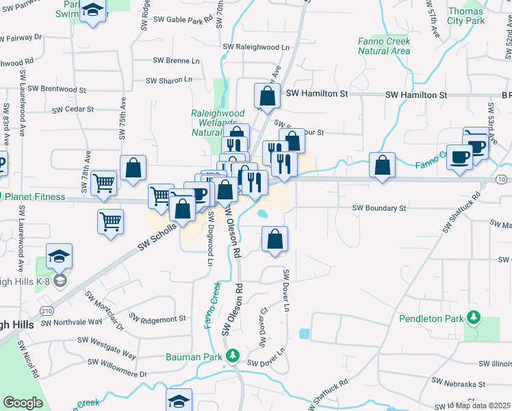 map of restaurants, bars, coffee shops, grocery stores, and more near 6750 Southwest Beaverton Hillsdale Highway in Portland