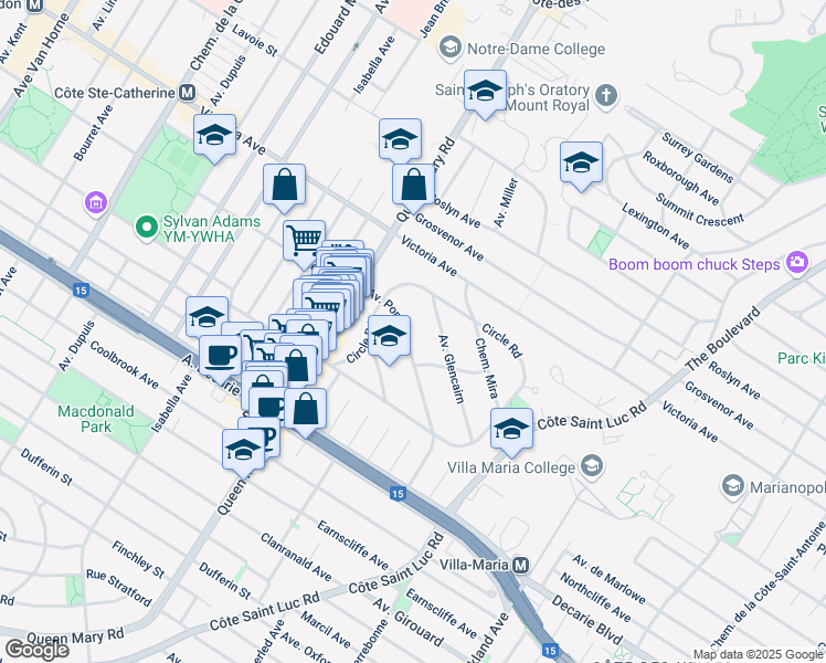 map of restaurants, bars, coffee shops, grocery stores, and more near 4954 Avenue Ponsard in Montréal