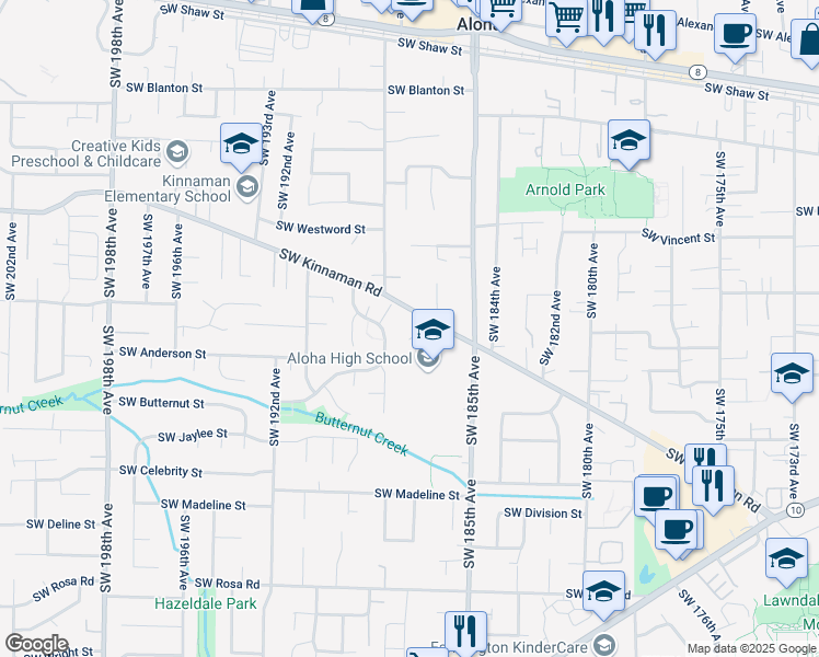 map of restaurants, bars, coffee shops, grocery stores, and more near 18650 Southwest Kinnaman Road in Beaverton