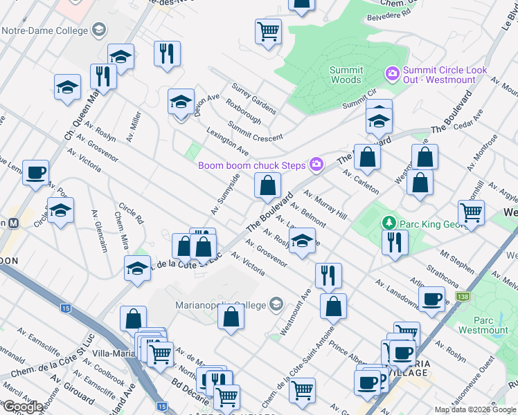 map of restaurants, bars, coffee shops, grocery stores, and more near 718 Upper Lansdowne in Westmount