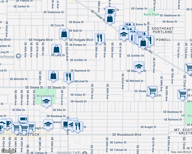 map of restaurants, bars, coffee shops, grocery stores, and more near 5108 Southeast 58th Avenue in Portland