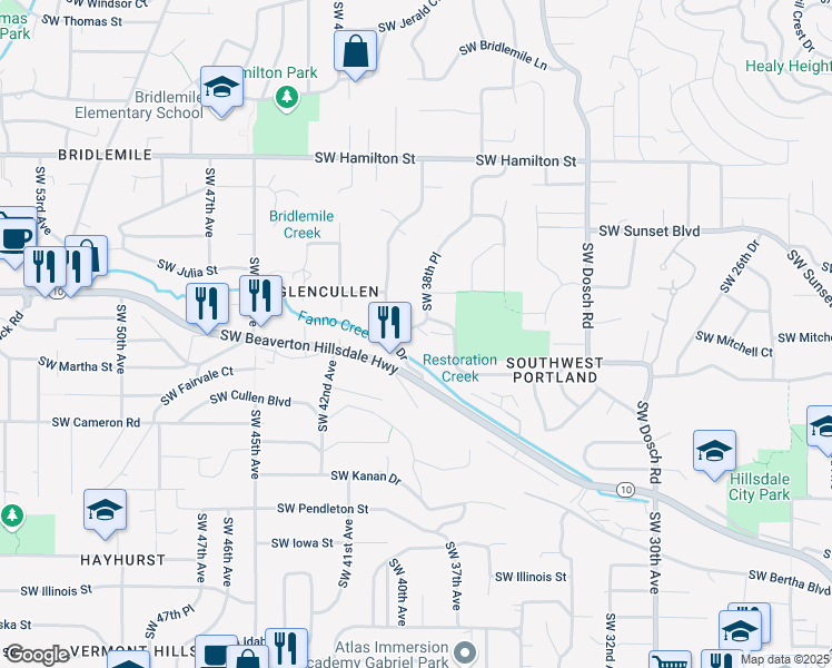 map of restaurants, bars, coffee shops, grocery stores, and more near 5131 Southwest 38th Place in Portland