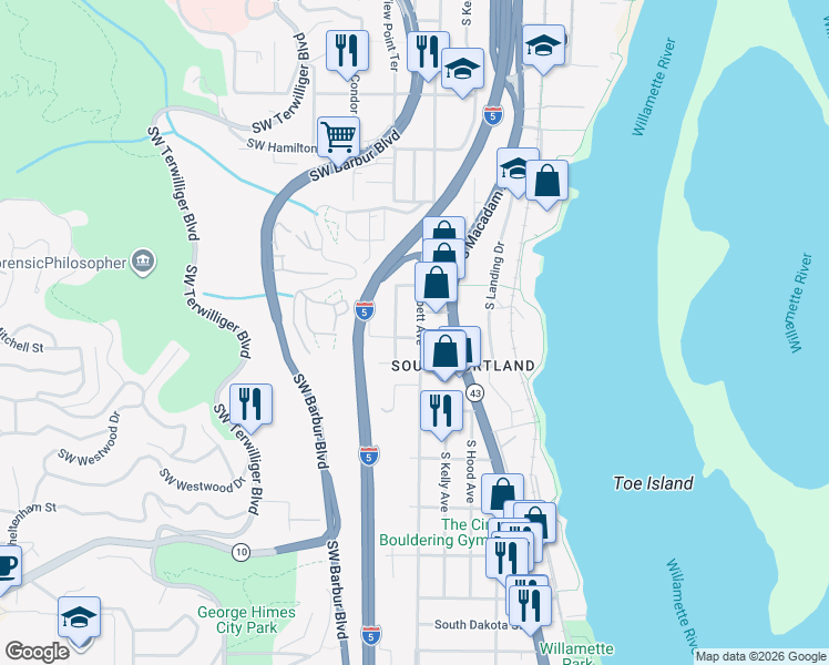 map of restaurants, bars, coffee shops, grocery stores, and more near 047 Southwest Mitchell Street in Portland