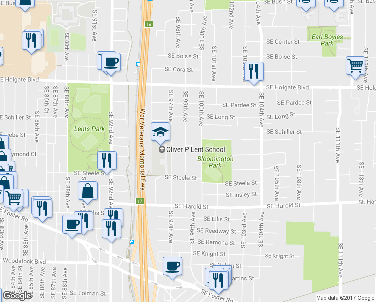map of restaurants, bars, coffee shops, grocery stores, and more near 5004 Southeast 99th Avenue in Portland
