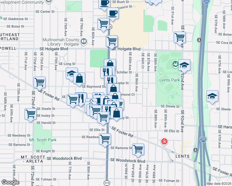 map of restaurants, bars, coffee shops, grocery stores, and more near 8241 Southeast Raymond Court in Portland
