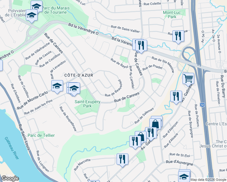 map of restaurants, bars, coffee shops, grocery stores, and more near 7 Rue de la Mediterranée in Gatineau