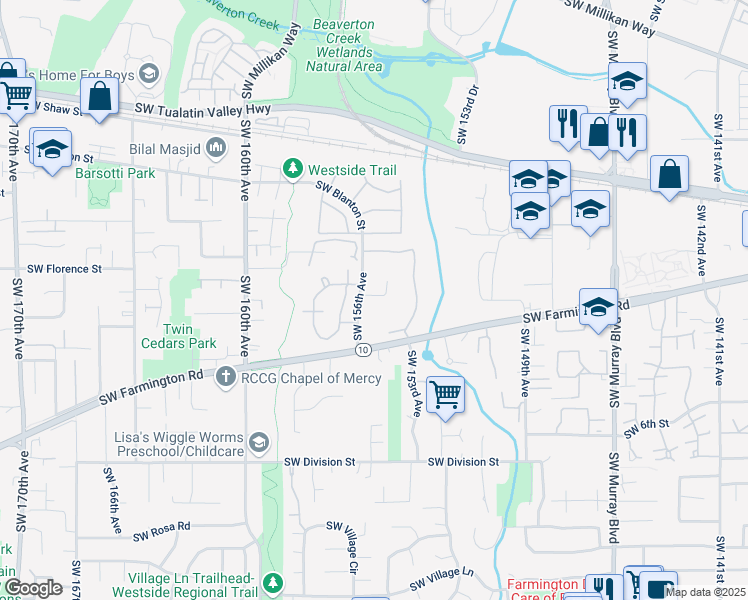 map of restaurants, bars, coffee shops, grocery stores, and more near 15564 Southwest Donna Court in Beaverton