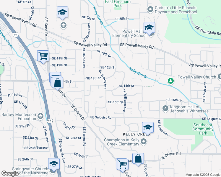 map of restaurants, bars, coffee shops, grocery stores, and more near 4225 Southeast 14th Street in Gresham