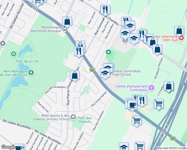 map of restaurants, bars, coffee shops, grocery stores, and more near 3020 Rue Joseph-Hardy in Longueuil