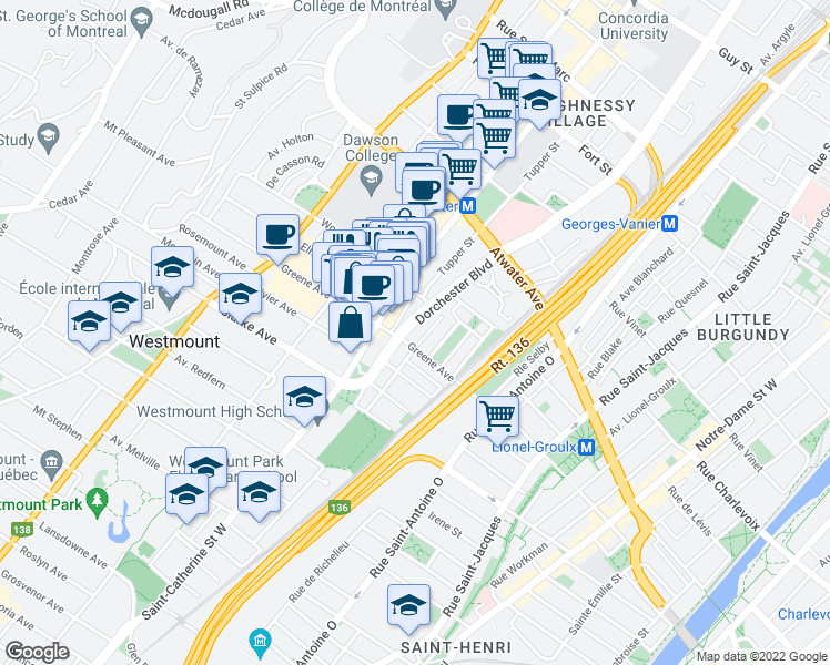 map of restaurants, bars, coffee shops, grocery stores, and more near 4162 Boulevard Dorchester in Westmount