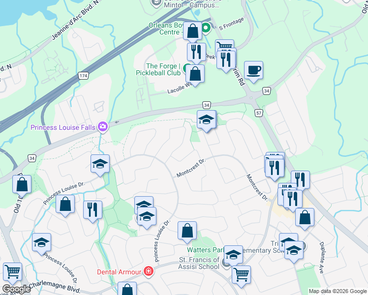 map of restaurants, bars, coffee shops, grocery stores, and more near 797 Hauteview Crescent in Ottawa