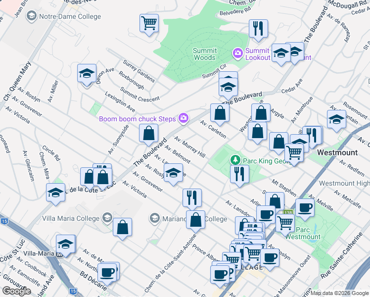 map of restaurants, bars, coffee shops, grocery stores, and more near 644 Avenue Murray Hill in Westmount