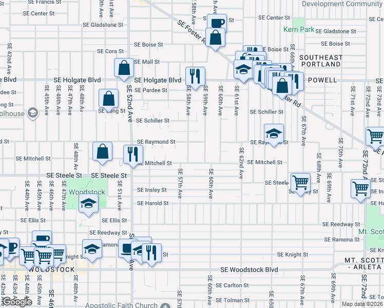 map of restaurants, bars, coffee shops, grocery stores, and more near 5104 Southeast 58th Avenue in Portland