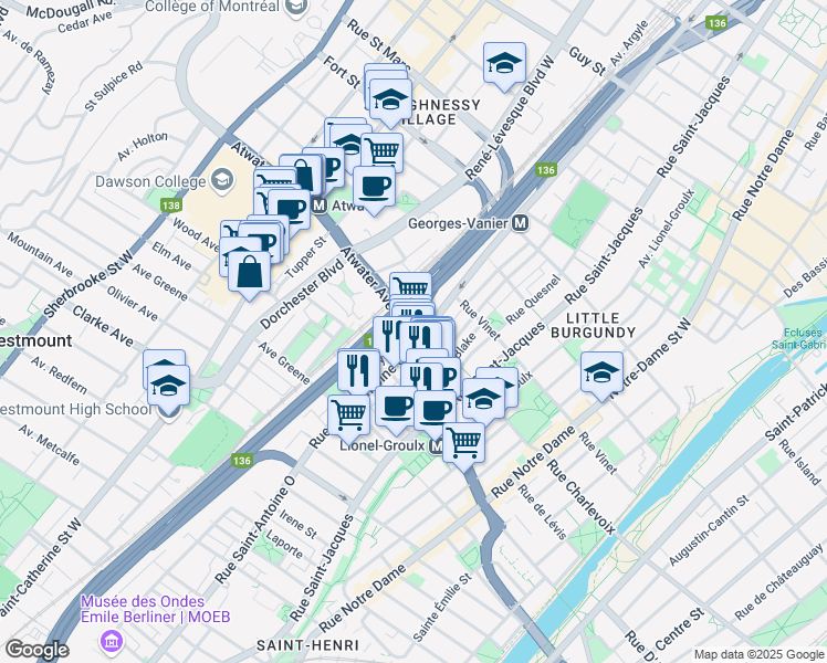 map of restaurants, bars, coffee shops, grocery stores, and more near 915 Avenue Atwater in Montréal