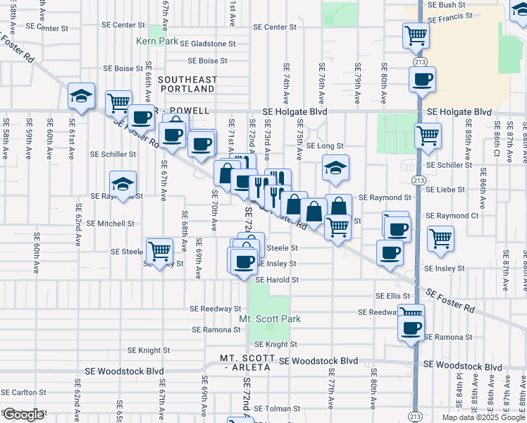 map of restaurants, bars, coffee shops, grocery stores, and more near 7238 Southeast Foster Road in Portland