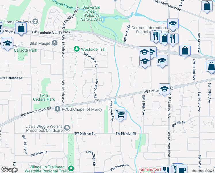 map of restaurants, bars, coffee shops, grocery stores, and more near 15510 Southwest Donna Court in Beaverton