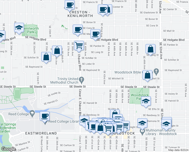 map of restaurants, bars, coffee shops, grocery stores, and more near 5110 Southeast 41st Avenue in Portland