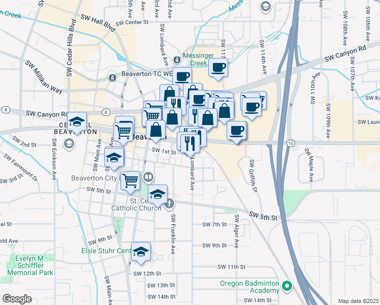 map of restaurants, bars, coffee shops, grocery stores, and more near 12055 Southwest 1st Street in Beaverton