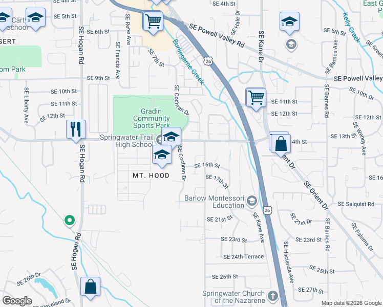 map of restaurants, bars, coffee shops, grocery stores, and more near 1559 Southeast Dexter Lane in Gresham