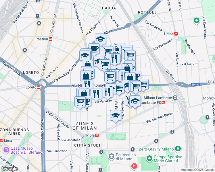 map of restaurants, bars, coffee shops, grocery stores, and more near 96 Via Andrea Maria Ampère in Milano