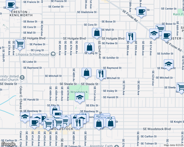 map of restaurants, bars, coffee shops, grocery stores, and more near 5104 Southeast 51st Avenue in Portland