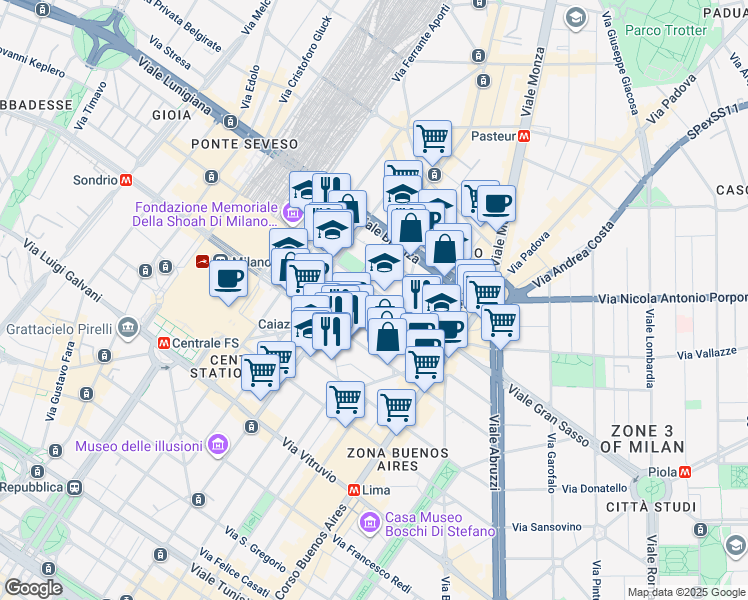 map of restaurants, bars, coffee shops, grocery stores, and more near 27 Viale Andrea Doria in Milano