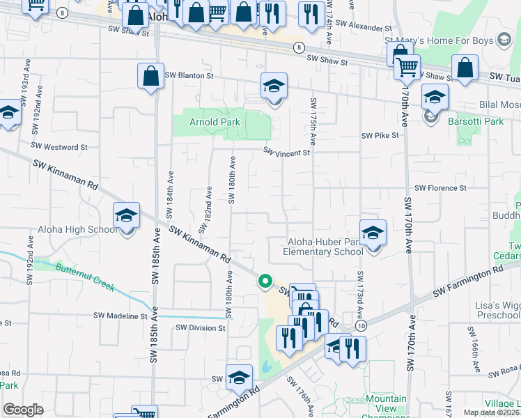map of restaurants, bars, coffee shops, grocery stores, and more near 17807 Southwest Robert Lane in Beaverton
