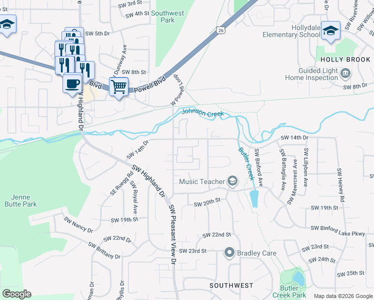 map of restaurants, bars, coffee shops, grocery stores, and more near 1500 Southwest Pleasant View Drive in Gresham