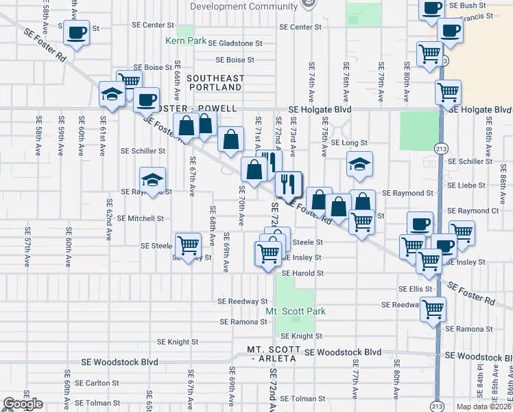 map of restaurants, bars, coffee shops, grocery stores, and more near 7106 Southeast Raymond Court in Portland