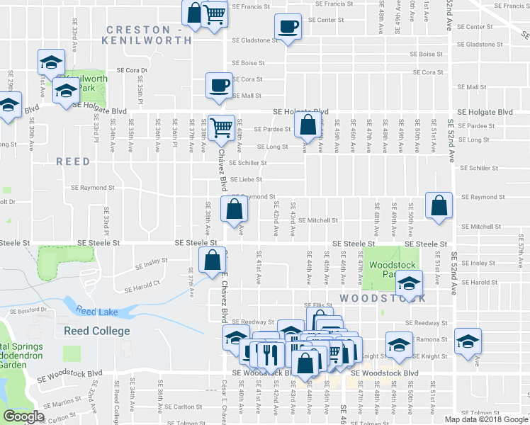 map of restaurants, bars, coffee shops, grocery stores, and more near 5110 Southeast 41st Avenue in Portland