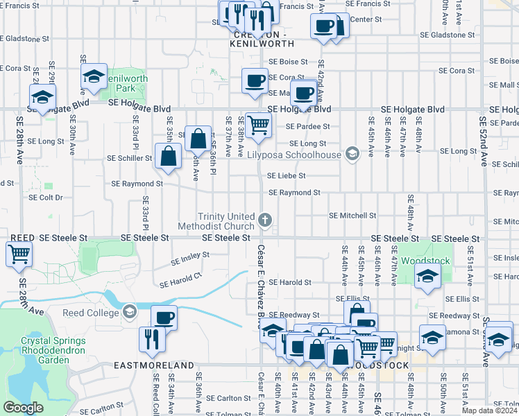map of restaurants, bars, coffee shops, grocery stores, and more near 5112 Southeast 38th Avenue in Portland