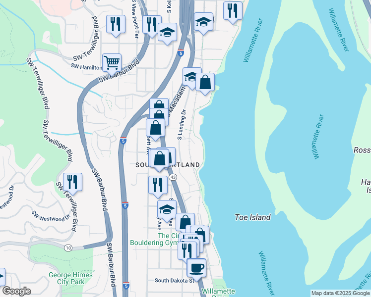 map of restaurants, bars, coffee shops, grocery stores, and more near 5150 South Landing Drive in Portland