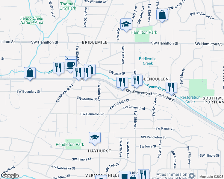 map of restaurants, bars, coffee shops, grocery stores, and more near 5240 Southwest 49th Drive in Portland