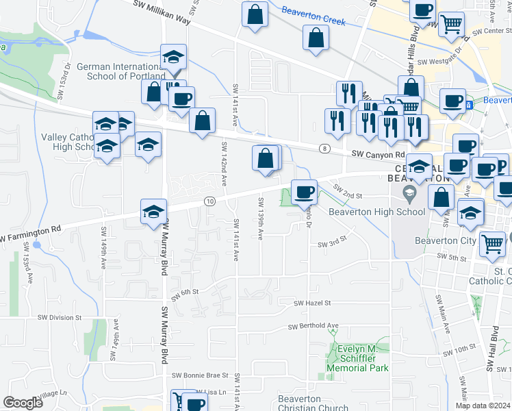 map of restaurants, bars, coffee shops, grocery stores, and more near in Beaverton