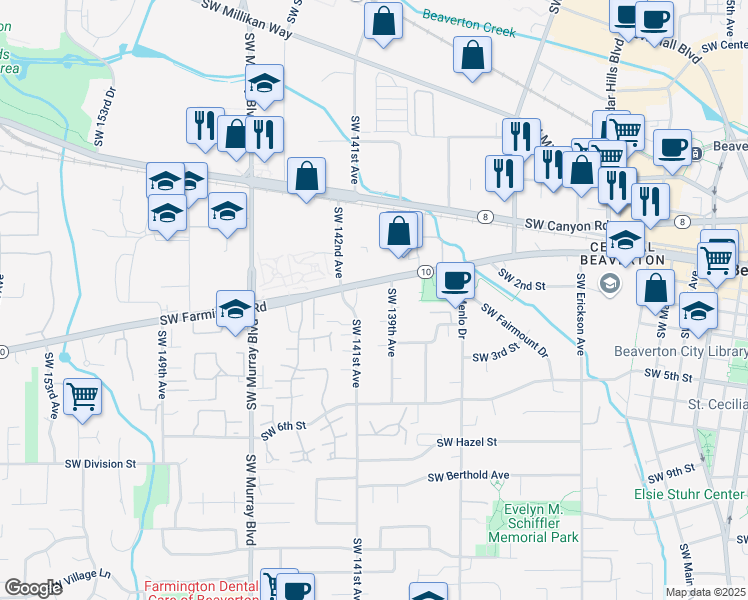 map of restaurants, bars, coffee shops, grocery stores, and more near 4626 Southwest 141st Avenue in Beaverton