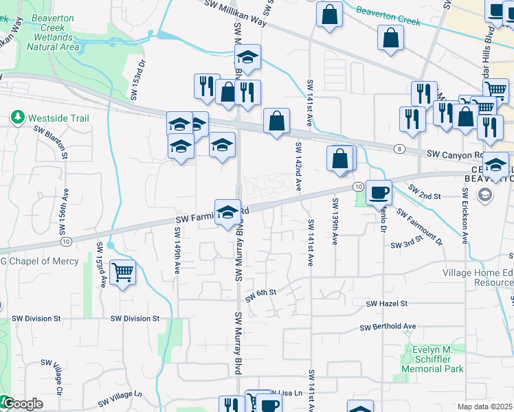 map of restaurants, bars, coffee shops, grocery stores, and more near 14310 Southwest Farmington Road in Beaverton