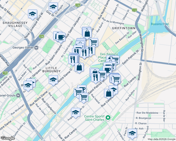 map of restaurants, bars, coffee shops, grocery stores, and more near 2000 Rue des Bassins in Montréal