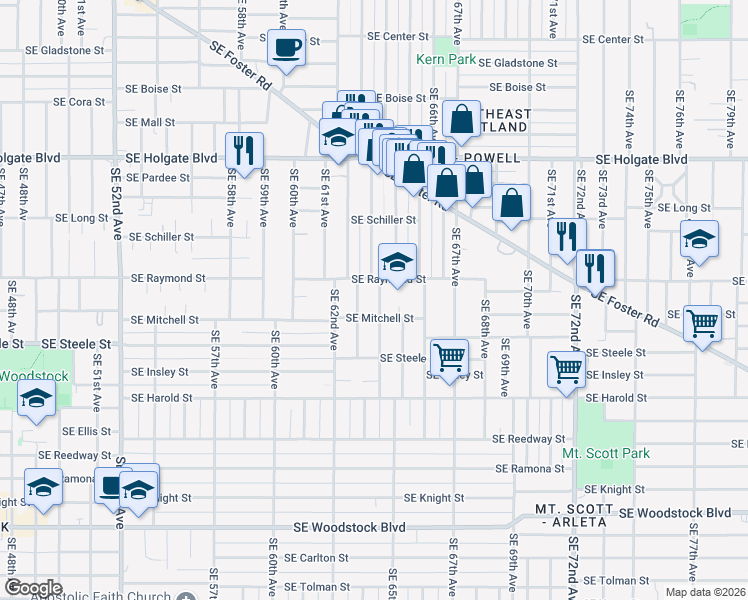 map of restaurants, bars, coffee shops, grocery stores, and more near 5107 Southeast 64th Avenue in Portland