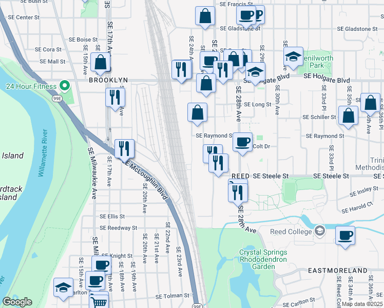 map of restaurants, bars, coffee shops, grocery stores, and more near 5076 Southeast 24th Avenue in Portland